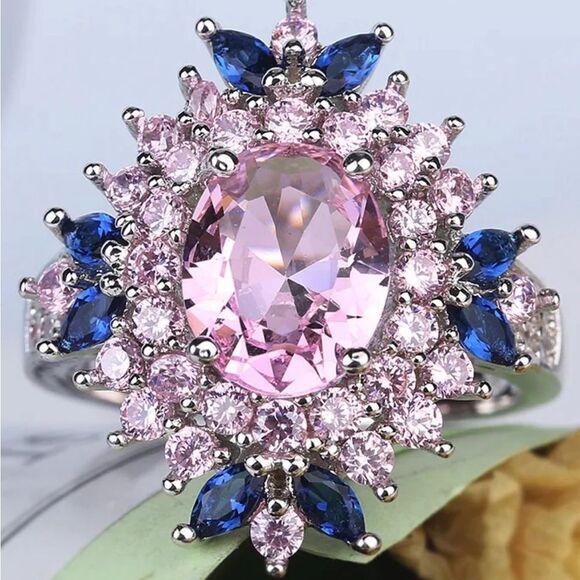Pink Cubic Zirconia With Blue Zirconia  Ring GENUINE 925 Sterling Silver - Picture 1 of 5